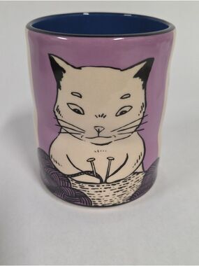 The Bowl Maker Lucky Cat Knitting Cup - Dark Blue Interior Whimsical Ceramic